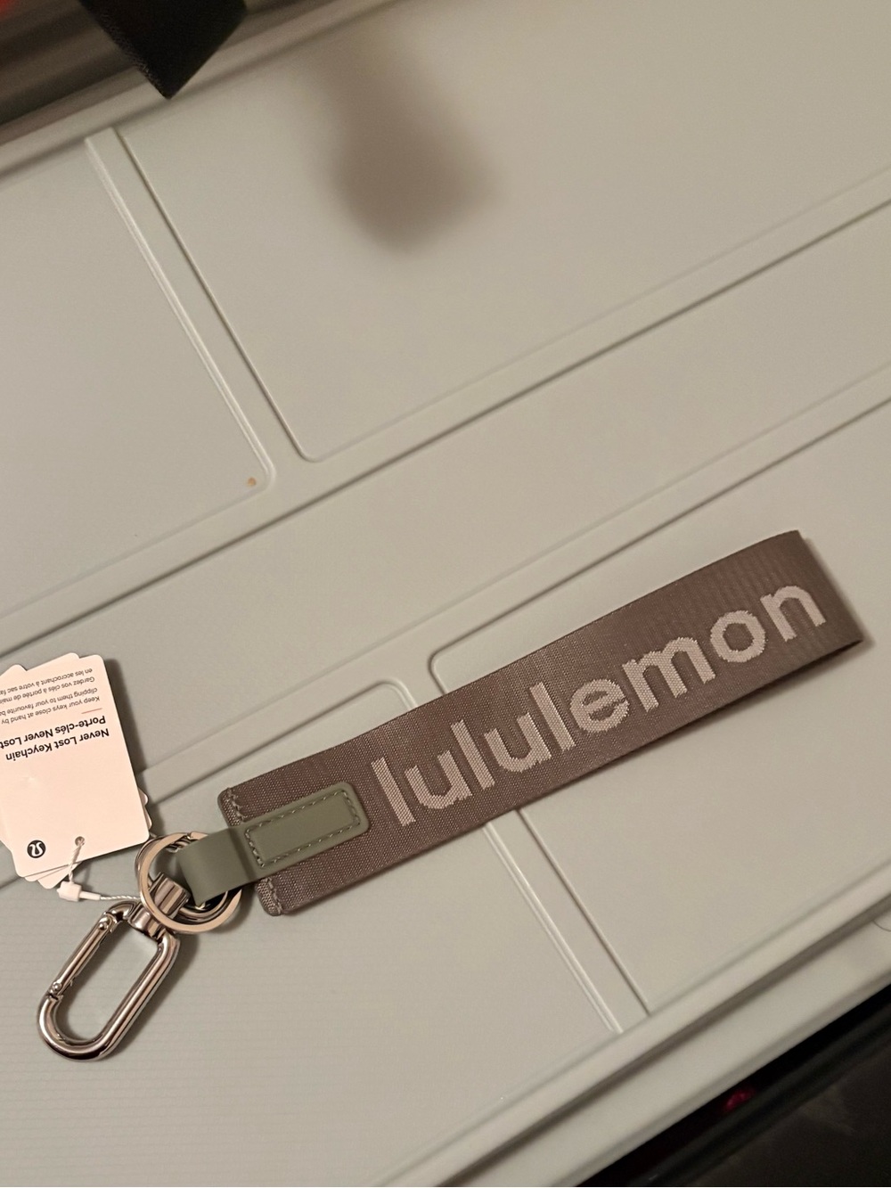 Lululemon Never Lost Keychain Spellout Logo Willow Leaf/Meadow Haze Silver